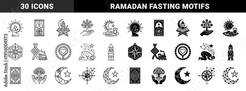 Islamic spiritual hybrid symbols merging crescent moon with globe stars and prayer rug containing compass for qibla direction and ramadan fasting