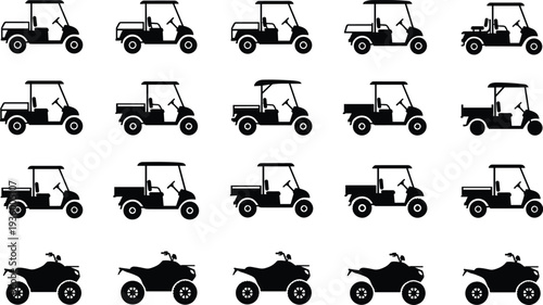 Golf cart and ATV quad bike silhouette collection isolated on white background, utility vehicle and off road transport vector illustration set