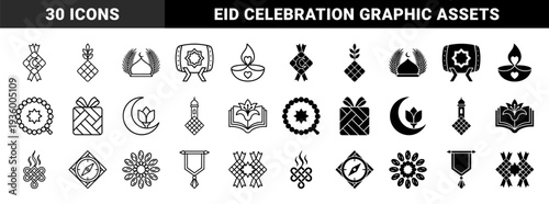 Islamic cultural symbols merged with geometric patterns featuring ketupat moon star mosque dome prayer bead and lantern in outline and solid style