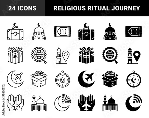 Islamic travel and lifestyle hybrid icons featuring crescent moon flight paths mosque location pins prayer rug maps and fasting calendar elements
