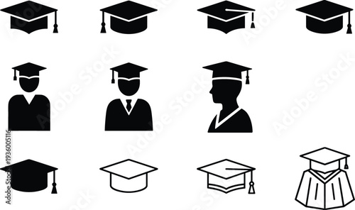 Collection of graduation cap icons and student silhouettes featuring academic mortarboards gowns and commencement symbols for university education and degree achievement