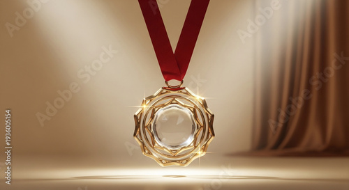 gold medal with red ribbon hanging on beige background with curtains