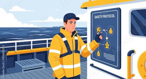 Man in yellow safety jacket checking safety protocol on ship deck.