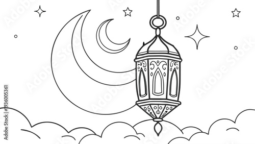 Islamic lantern hanging with crescent moon and stars hanging lantern clouds