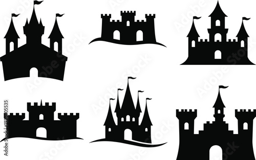Black silhouette collection of fairytale castles and medieval fortresses with flags and towers, royal palace architecture set isolated on white background for design