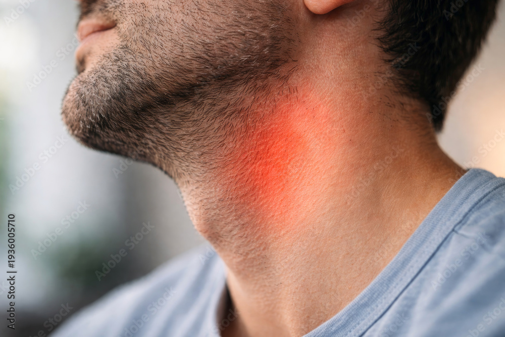 Fototapeta premium Close up of man with red highlighted area on neck indicating sore throat, inflammation or infection, concept of pain, illness and health problem.