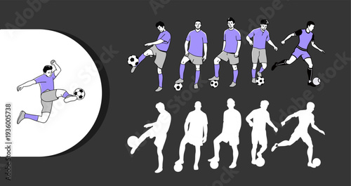 Dynamic soccer players in various poses with purple uniforms