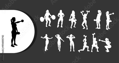 Women exercising with dumbbells in various fitness poses