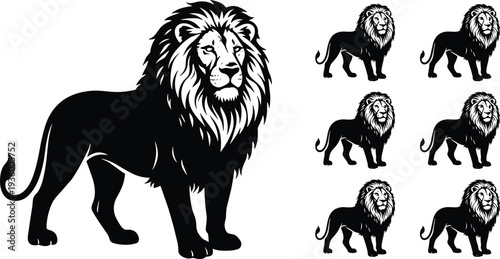 Lion silhouette collection with detailed mane and standing big cat variations isolated vector illustration for wildlife logo emblem mascot and safari design