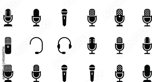 Collection of black microphone icons featuring podcast mics headsets studio broadcasting equipment and vocal recording tools for audio and music production