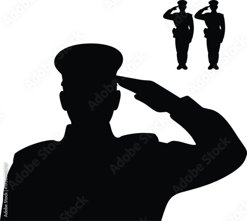 Black silhouette of military officer and soldiers saluting in uniform, patriotic army veterans or police personnel honoring ceremony isolated on white background collection