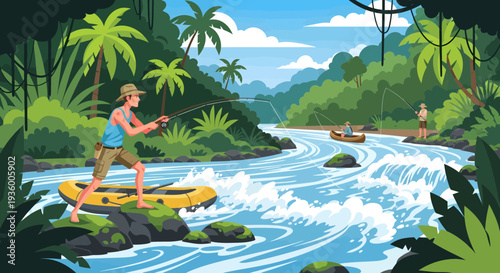 Man kayaking down a wild jungle river.