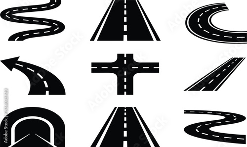 Set of black road and highway icons featuring winding paths, intersections, tunnels, and straight asphalt streets for navigation and map design