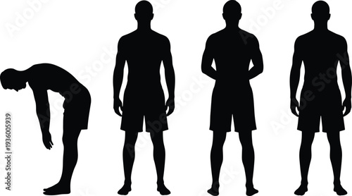 Male body silhouette set showing standing and bending poses isolated on white background, athletic man figure vector illustration for fitness design
