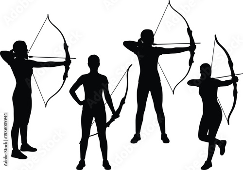 Black silhouette set of professional female archer holding longbow and aiming arrow in various poses, female athlete archery training isolated on white background