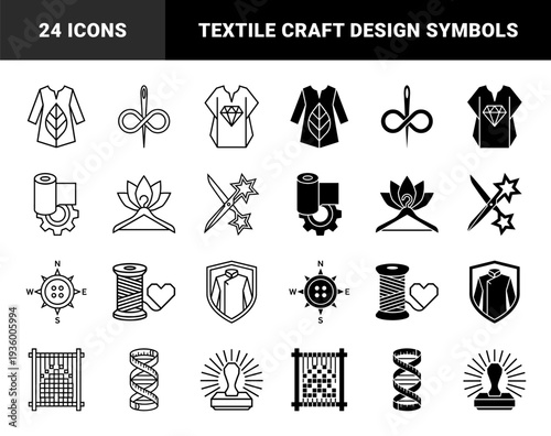 Sartorial and garment manufacturing symbols featuring hybrid combinations of sewing tools and textile patterns in outline and solid styles