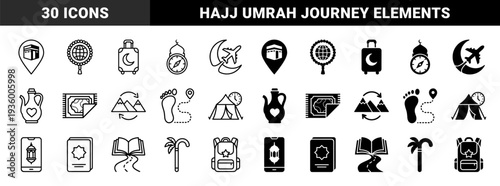 Islamic Pilgrimage and Hajj Travel Hybrid Icons Featuring Kaaba Location Pin Prayer Bead Globe and Crescent Moon Suitcase in Outline and Solid Style