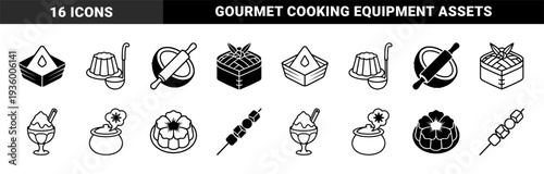 Collection of culinary food preparation elements featuring hybrid geometric designs with dual outline and solid styles for restaurant branding and menu graphics