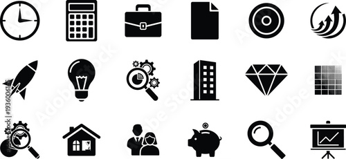 Collection of business and productivity icons in black and white