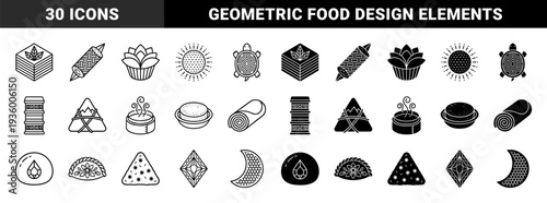 Geometric hybrid symbols merging organic food elements with celestial and mystical shapes featuring linear and solid versions in a minimalist graphic style