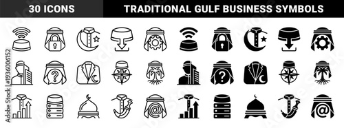 Traditional Gulf Arab Cultural Elements Combined With Modern Business And Technology Symbols Featuring Keffiyeh Ghutra And Thobe Outlines