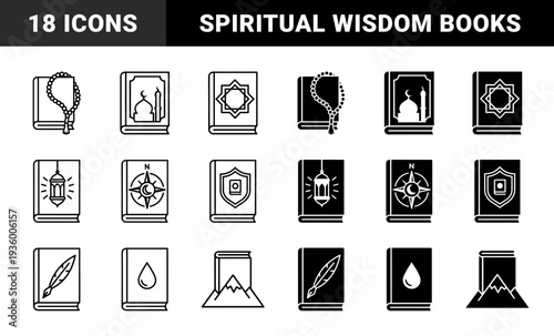 Islamic spiritual book symbols featuring hybrid designs of quran covers merged with prayer beads mosque architecture lanterns and celestial motifs