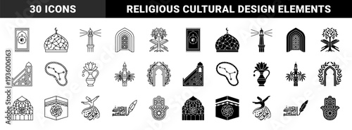 Islamic spirituality and sufi mysticism symbols featuring hybrid designs of whirling dervish calligraphy prayer rug kaaba and hamsa hand in dual line and solid style