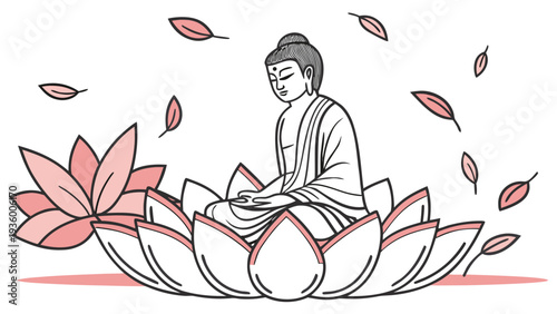Buddha meditating on pink lotus flower with falling leaves meditation
