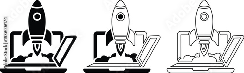 Three rocket ships launching from computer laptops