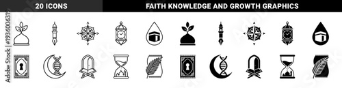 Islamic spirituality and science hybrid symbol set featuring mosque minaret pen nib prayer rug keyhole and DNA moon crescent metaphors