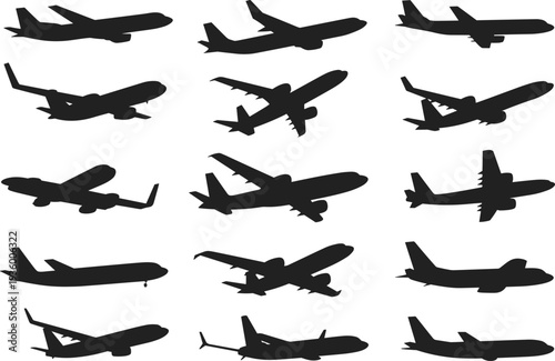 Comprehensive Collection of Airplane Silhouettes Featuring Commercial Passenger Jets in Various Flight Angles Including Takeoff Landing and Runway Approaches Vector Icons Isolated on White Background