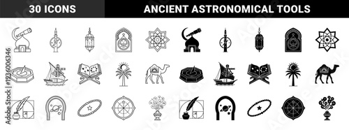 Islamic Golden Age scientific discovery hybrid icons featuring astronomical instruments mosque observatories and mathematical geometry in linear and solid styles