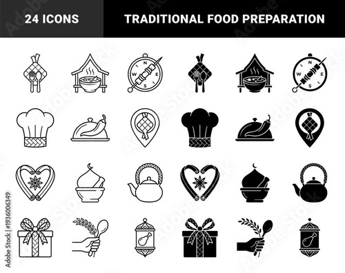 Traditional Southeast Asian culinary symbols merged with modern kitchen tools featuring ketupat location pins and spice heart cinnamon star anise silhouettes