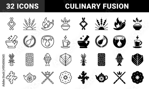 Traditional Southeast Asian Culinary Heritage Symbols Featuring Hybrid Food Motifs Like Ketupat Hearts Sate Sunrises And Spiced Ginger Roots