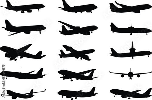 Comprehensive Collection of Airplane Silhouettes Featuring Commercial Passenger Jets in Various Flight Angles Including Takeoff Landing and Runway Approaches Vector Icons Isolated on White Background