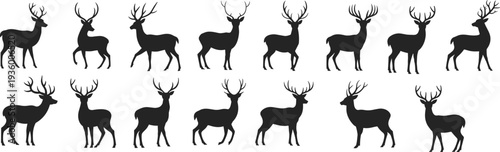 Black Deer Silhouette Vector Collection, Isolated Wild Reindeer and Buck Set with Large Antlers in Standing and Jumping Poses for Nature Wildlife Graphics