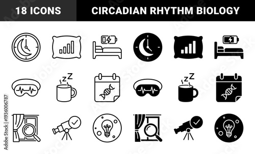 Circadian Rhythm and Sleep Science Hybrid Icons Featuring DNA Calendar Moon Clock Battery Bed and Brain Wave Sleep Mask Symbols