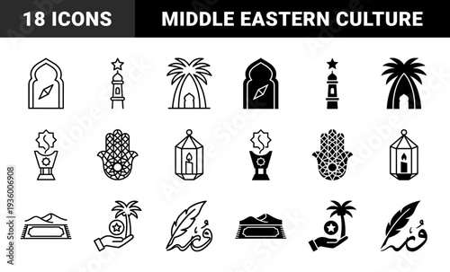 Islamic cultural symbols featuring hybrid designs of mosque minarets with stars palm trees with arches and incense burners with geometric patterns in linear and solid styles