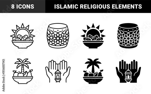 Islamic Ramadan religious symbol set featuring hybrid designs of dates with sun prayer hands with lantern and crescent moon cultural elements