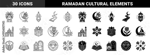 Islamic cultural and religious symbols featuring creative hybrid designs like mosque palm trees and crescent moon ships in both outline and solid styles