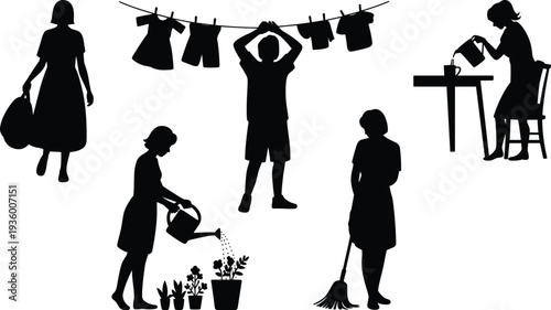 Black women silhouettes performing household chores, domestic life icons, laundry, gardening, cleaning, pouring coffee, homemaker vector illustration for lifestyle design.