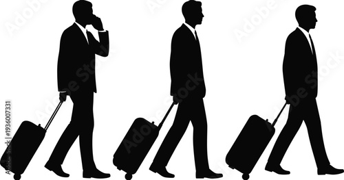 Black businessman silhouettes walking with luggage, male traveler icons, business trip set, passenger carrying suitcase, corporate travel vector illustration collection.