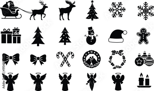 Black Christmas icons set, holiday silhouettes, Santa sleigh, reindeer, snowflakes, ornaments, angels, winter elements, festive vector collection for seasonal graphic design.
