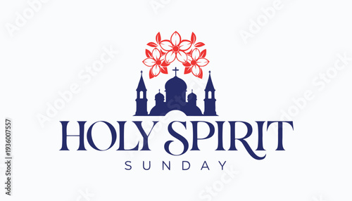 Greece Orthodox Holy Spirit Sunday concept with church and flowers red and white flowers