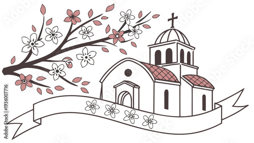 Greece holy spirit sunday banner with church and blossoming tree