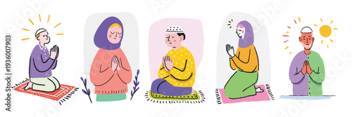 Colorful illustration set of Muslim men and women praying during Ramadan with prayer mats