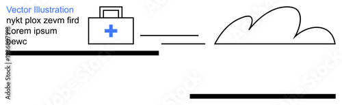 Healthcare, cloud storage, telemedicine, data transfer, medical technology, remote care. A medical kit with a cross symbol and cloud in line art style. Healthcare and cloud storage concept
