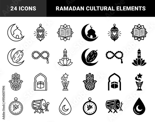 Islamic Religious Symbols Combining Traditional Elements with Modern Geometry Featuring Crescent Mosque Lantern Koran and Hamsa in Outline and Solid Style