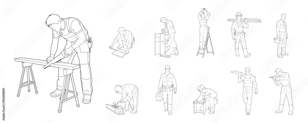 Obraz premium builders create shapes in lines, architectural design style, without background. Construction workers