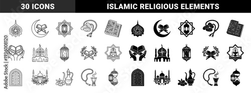 Islamic heritage symbol collection featuring hybrid motifs with crescent moon koran mosque architecture and ramadan lantern in linear and solid styles